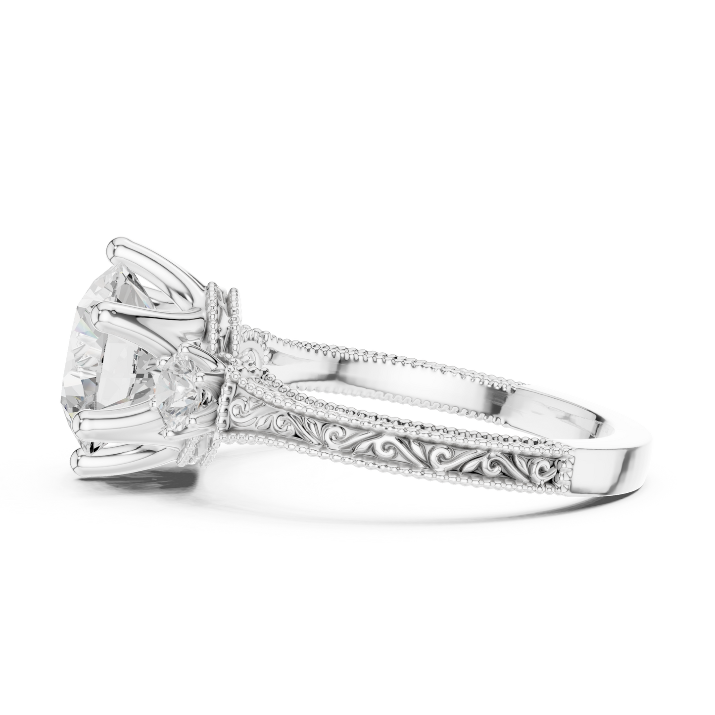 2.80 Carat Vintage Three-Stone Round Diamond Filigree Ring | Solid Gold