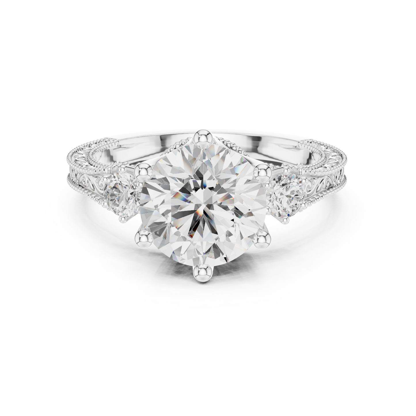 2.80 Carat Vintage Three-Stone Round Diamond Filigree Ring | Solid Gold