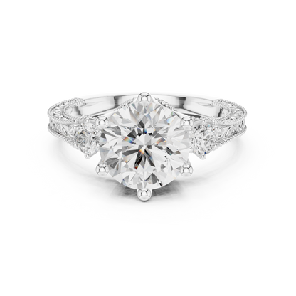 2.80 Carat Vintage Three-Stone Round Diamond Filigree Ring | Solid Gold