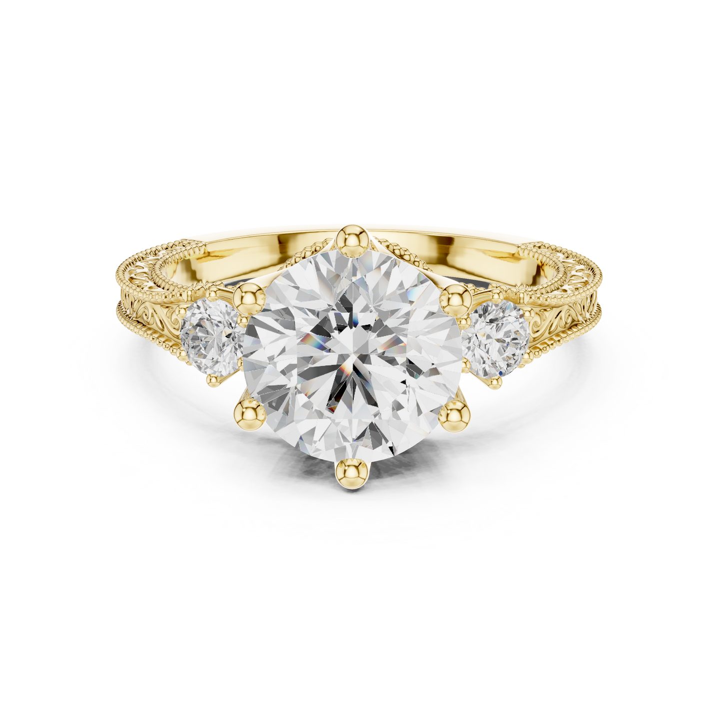 2.80 Carat Vintage Three-Stone Round Diamond Filigree Ring | Solid Gold