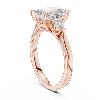 2.54ctw Emerald Cut & Pear Three-Stone Diamond Ring | Yellow Gold Pavé Band