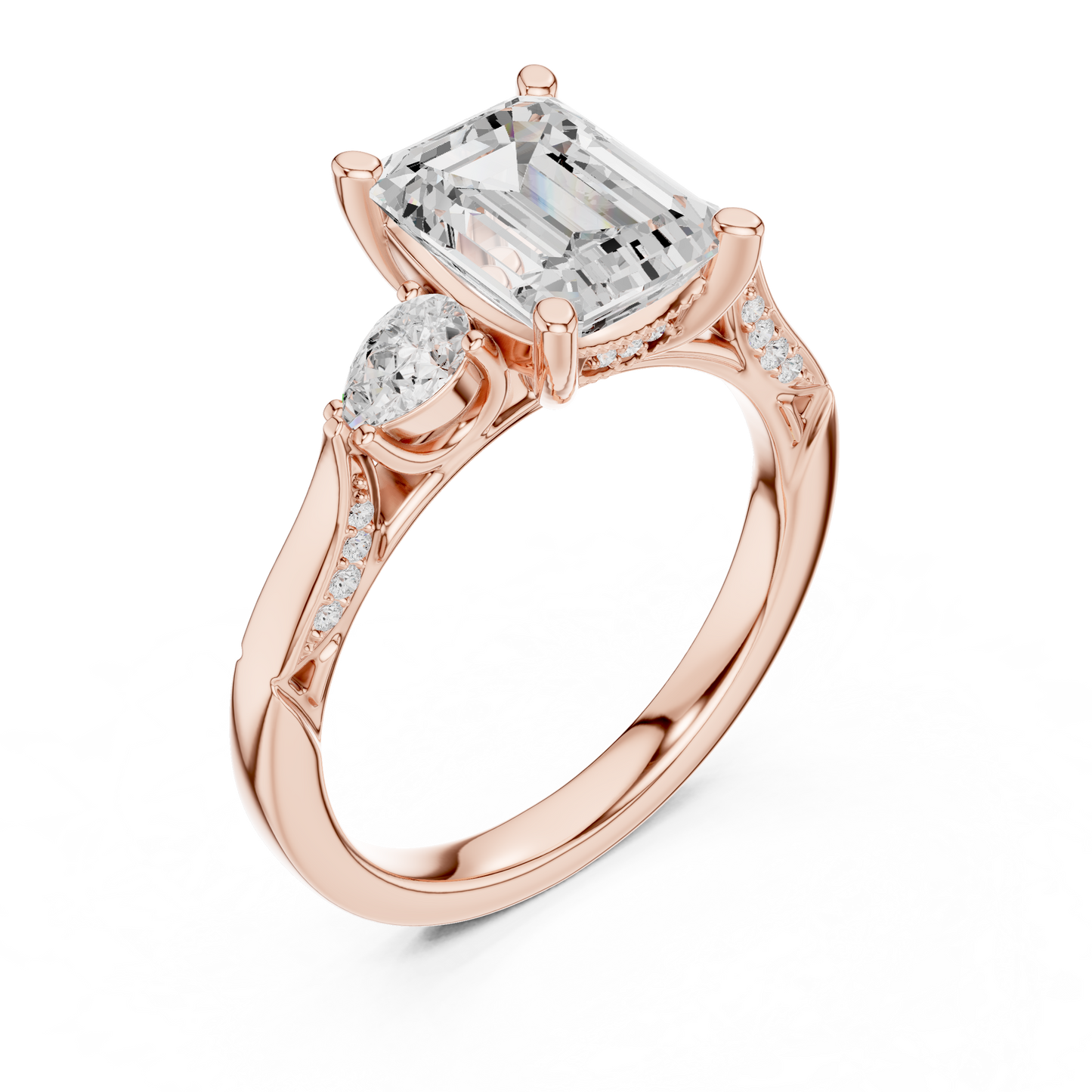 2.54ctw Emerald Cut & Pear Three-Stone Diamond Ring | Yellow Gold Pavé Band