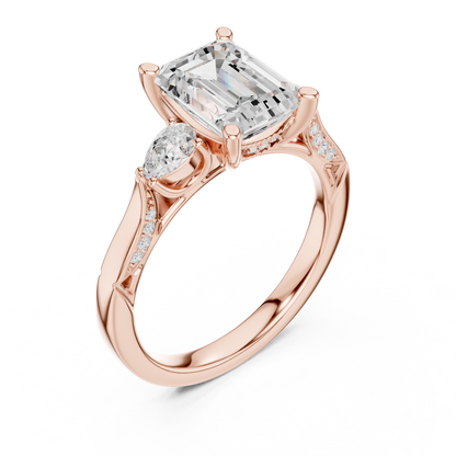 2.54ctw Emerald Cut & Pear Three-Stone Diamond Ring | Yellow Gold Pavé Band