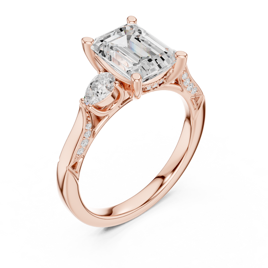 2.54ctw Emerald Cut & Pear Three-Stone Diamond Ring | Yellow Gold Pavé Band