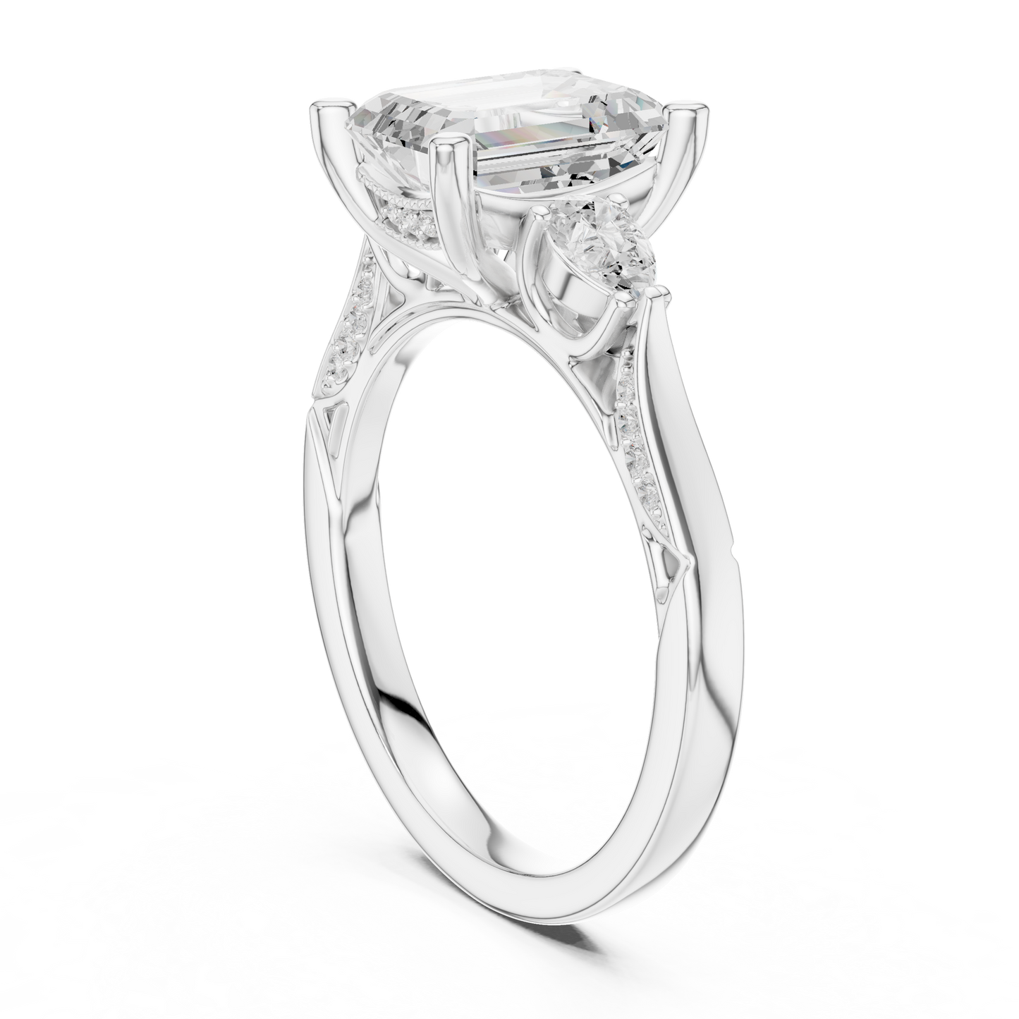 2.54ctw Emerald Cut & Pear Three-Stone Diamond Ring | Yellow Gold Pavé Band