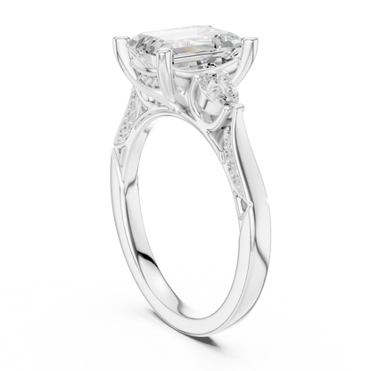2.54ctw Emerald Cut & Pear Three-Stone Diamond Ring | Yellow Gold Pavé Band