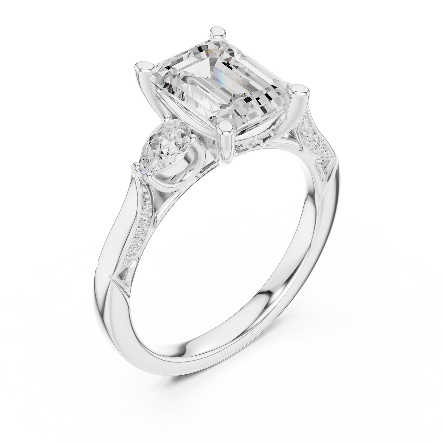 2.54ctw Emerald Cut & Pear Three-Stone Diamond Ring | Yellow Gold Pavé Band