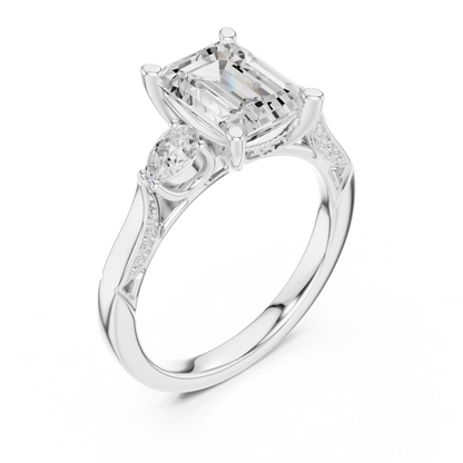 2.54ctw Emerald Cut & Pear Three-Stone Diamond Ring | Yellow Gold Pavé Band