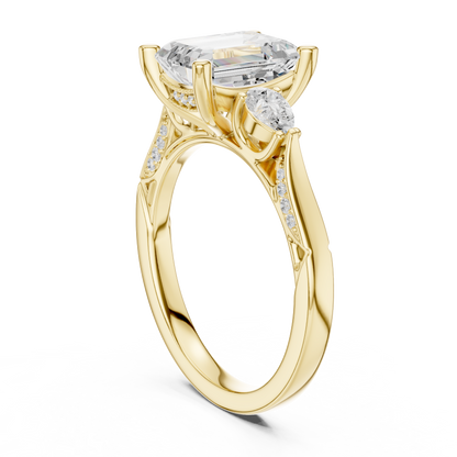 2.54ctw Emerald Cut & Pear Three-Stone Diamond Ring | Yellow Gold Pavé Band