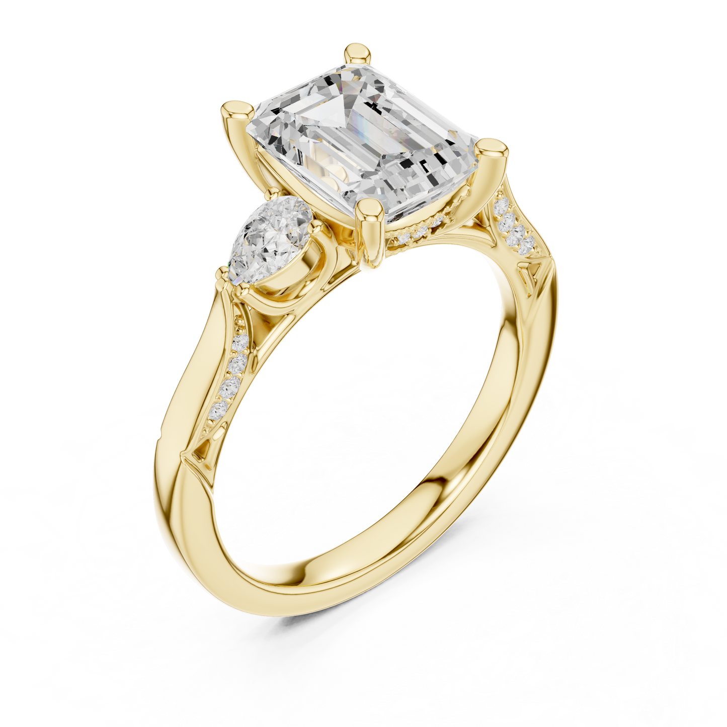 2.54ctw Emerald Cut & Pear Three-Stone Diamond Ring | Yellow Gold Pavé Band