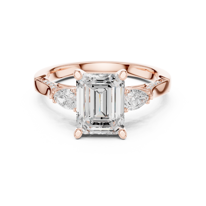 2.54ctw Emerald Cut & Pear Three-Stone Diamond Ring | Yellow Gold Pavé Band