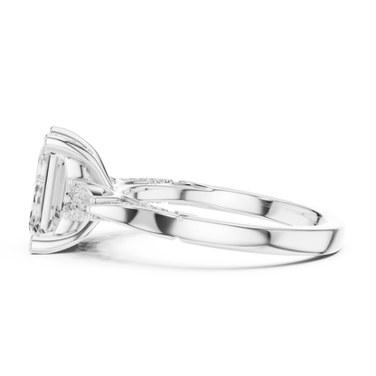 2.54ctw Emerald Cut & Pear Three-Stone Diamond Ring | Yellow Gold Pavé Band