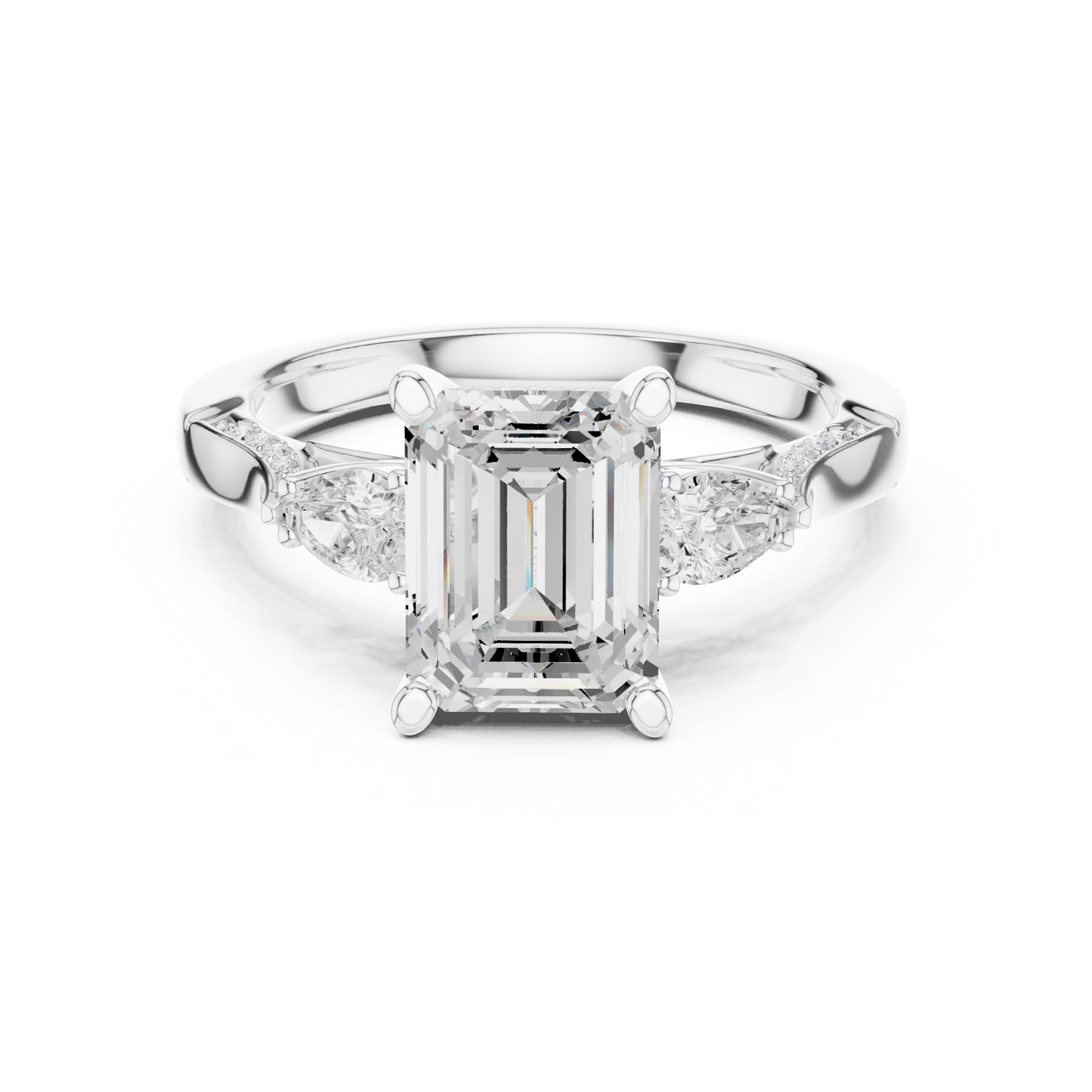 2.54ctw Emerald Cut & Pear Three-Stone Diamond Ring | Yellow Gold Pavé Band