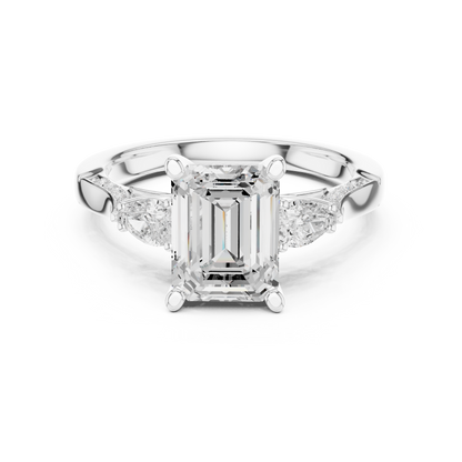 2.54ctw Emerald Cut & Pear Three-Stone Diamond Ring | Yellow Gold Pavé Band