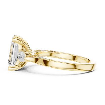 2.54ctw Emerald Cut & Pear Three-Stone Diamond Ring | Yellow Gold Pavé Band