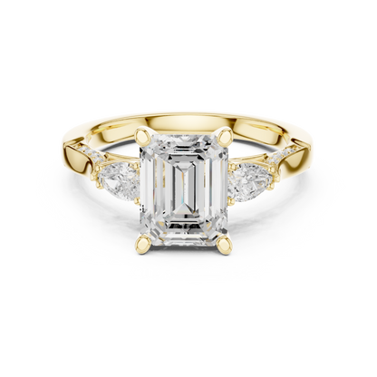 2.54ctw Emerald Cut & Pear Three-Stone Diamond Ring | Yellow Gold Pavé Band