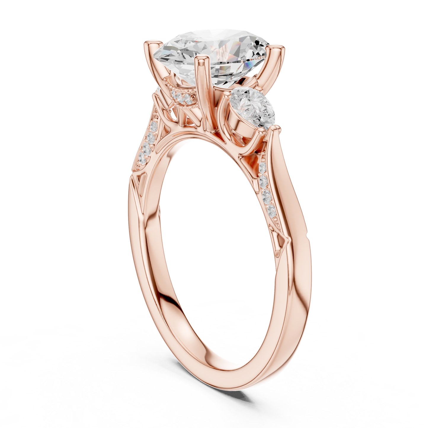 2.54ctw Oval-Cut & Pear Three-Stone Diamond Ring | Yellow Gold Pavé Band