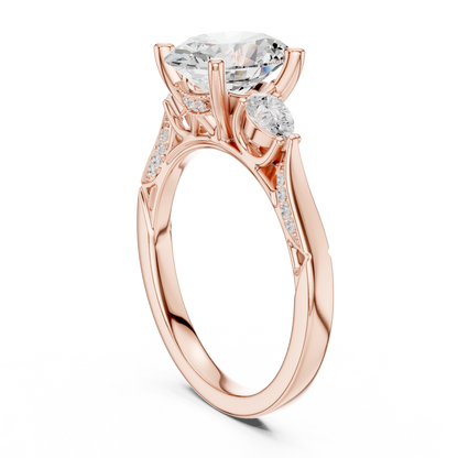 2.54ctw Oval-Cut & Pear Three-Stone Diamond Ring | Yellow Gold Pavé Band