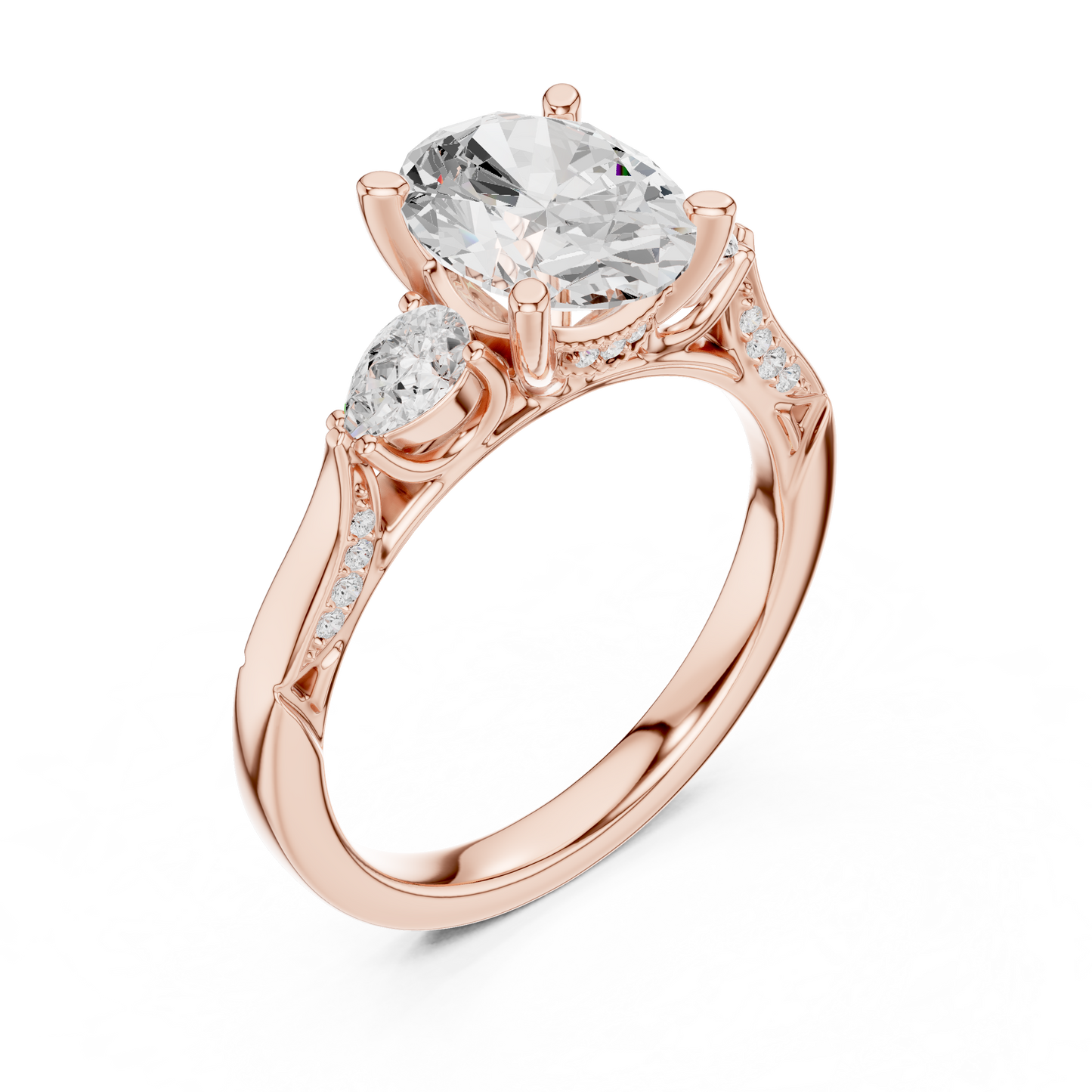 2.54ctw Oval-Cut & Pear Three-Stone Diamond Ring | Yellow Gold Pavé Band