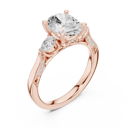 2.54ctw Oval-Cut & Pear Three-Stone Diamond Ring | Yellow Gold Pavé Band