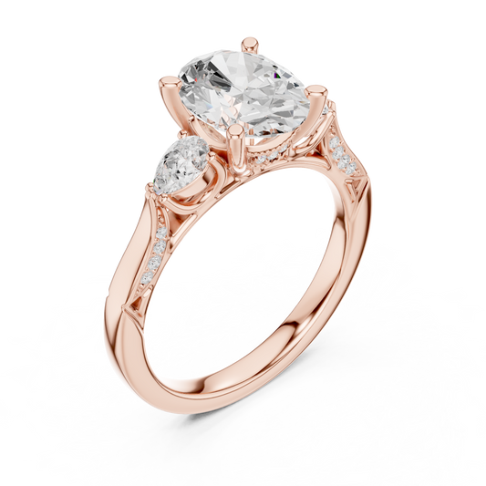 2.54ctw Oval-Cut & Pear Three-Stone Diamond Ring | Yellow Gold Pavé Band