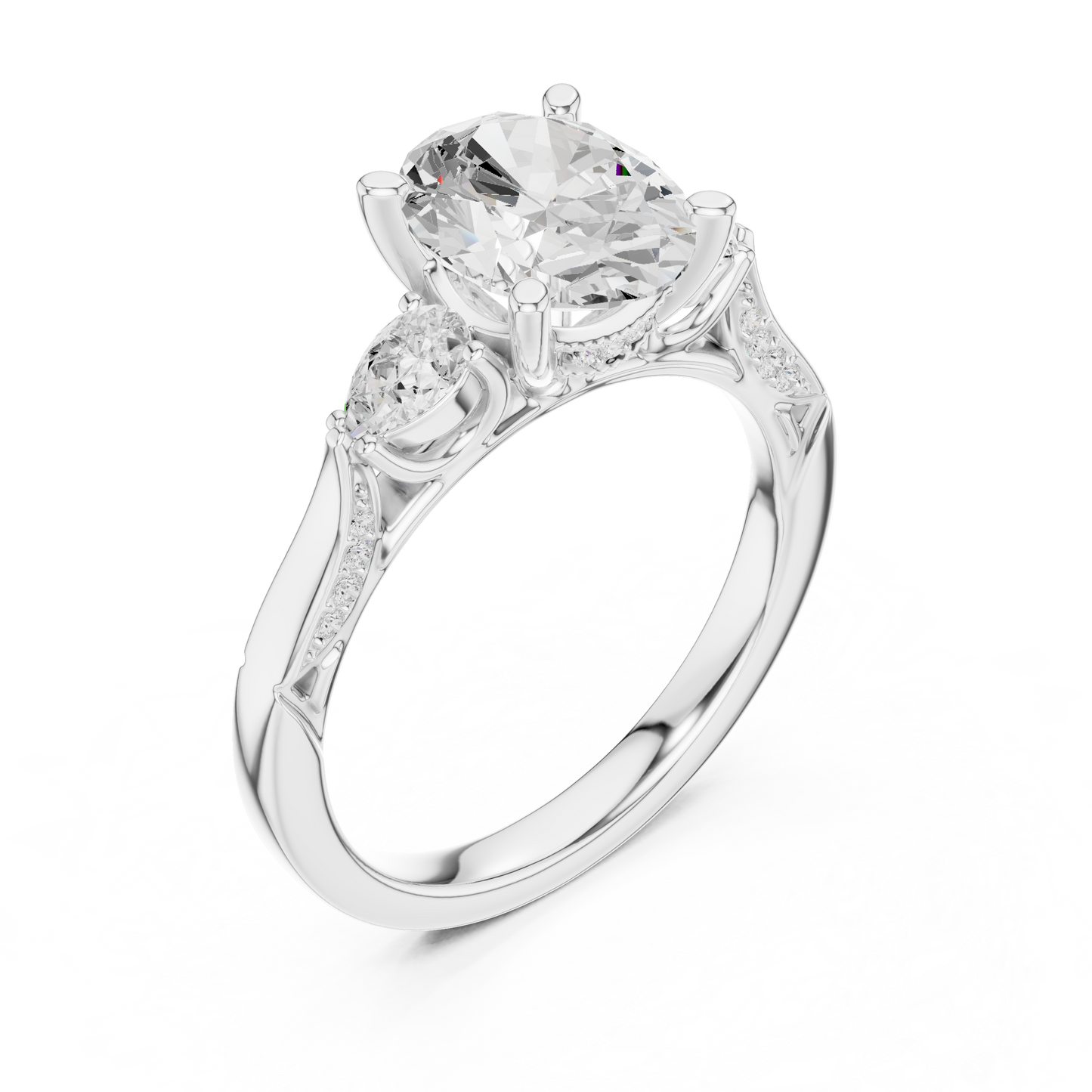 2.54ctw Oval-Cut & Pear Three-Stone Diamond Ring | Yellow Gold Pavé Band