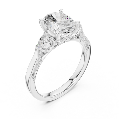 2.54ctw Oval-Cut & Pear Three-Stone Diamond Ring | Yellow Gold Pavé Band