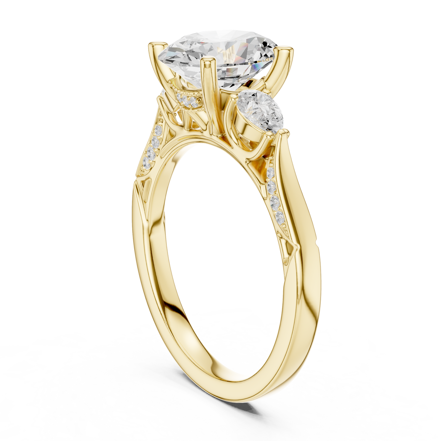 2.54ctw Oval-Cut & Pear Three-Stone Diamond Ring | Yellow Gold Pavé Band