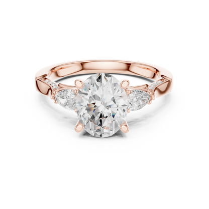 2.54ctw Oval-Cut & Pear Three-Stone Diamond Ring | Yellow Gold Pavé Band