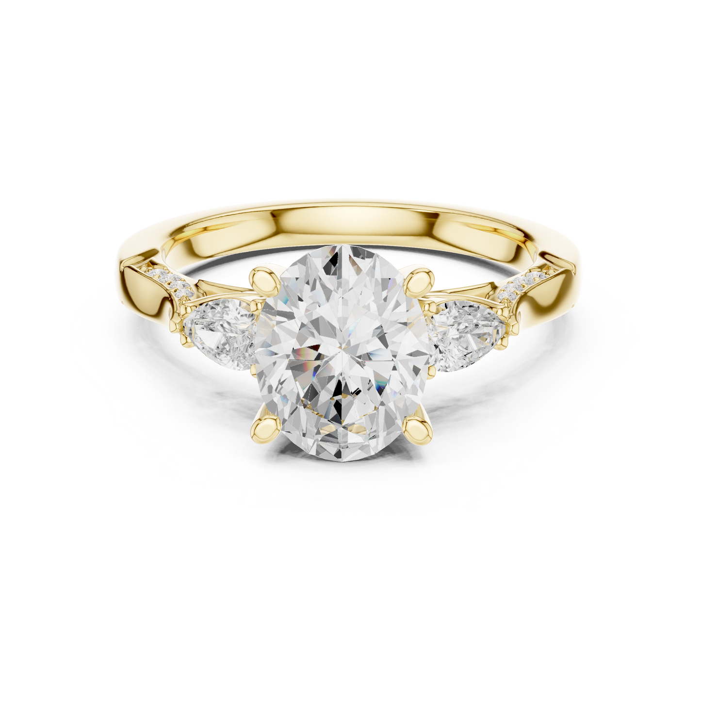 2.54ctw Oval-Cut & Pear Three-Stone Diamond Ring | Yellow Gold Pavé Band