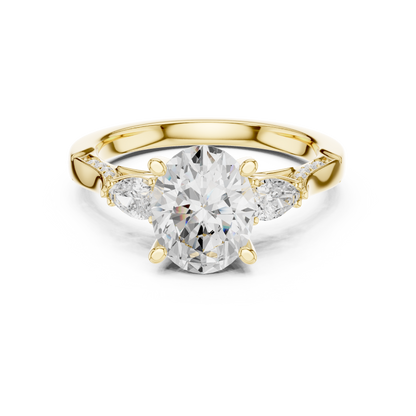 2.54ctw Oval-Cut & Pear Three-Stone Diamond Ring | Yellow Gold Pavé Band