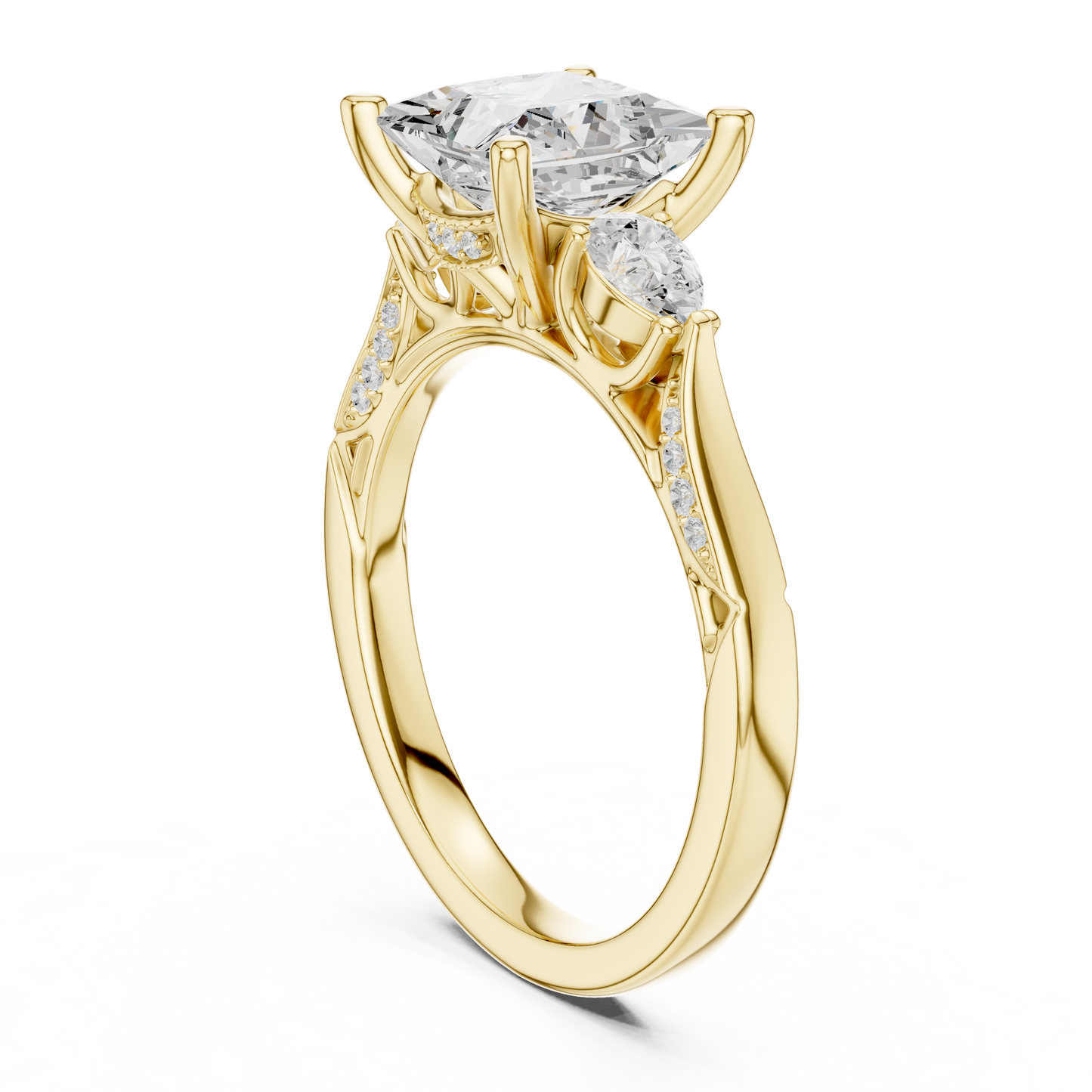 2.54ctw Princess & Pear-Cut Three-Stone Diamond Ring | Yellow Gold Pavé Band