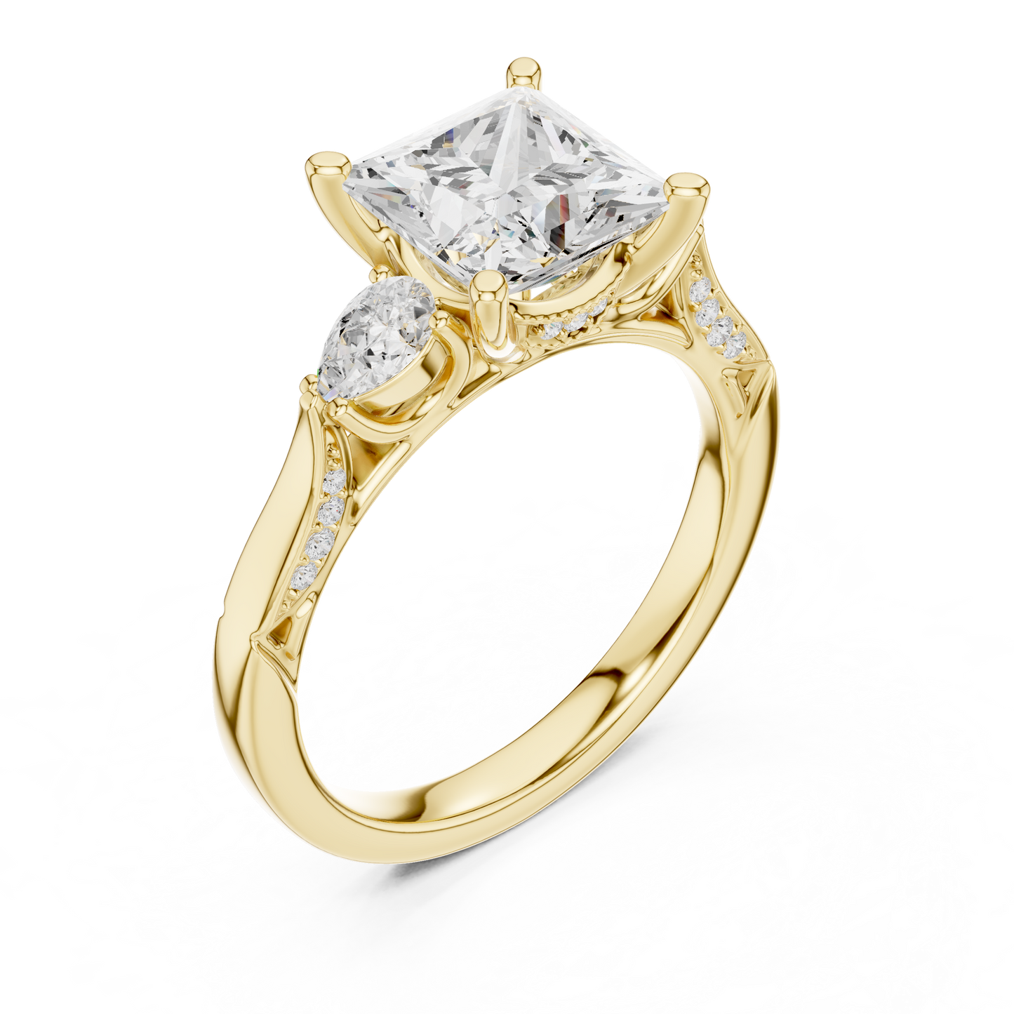 2.54ctw Princess & Pear-Cut Three-Stone Diamond Ring | Yellow Gold Pavé Band