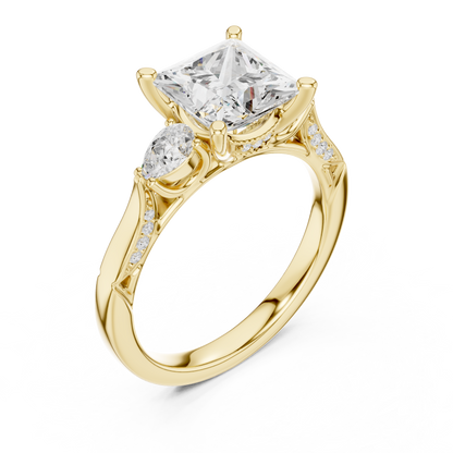 2.54ctw Princess & Pear-Cut Three-Stone Diamond Ring | Yellow Gold Pavé Band