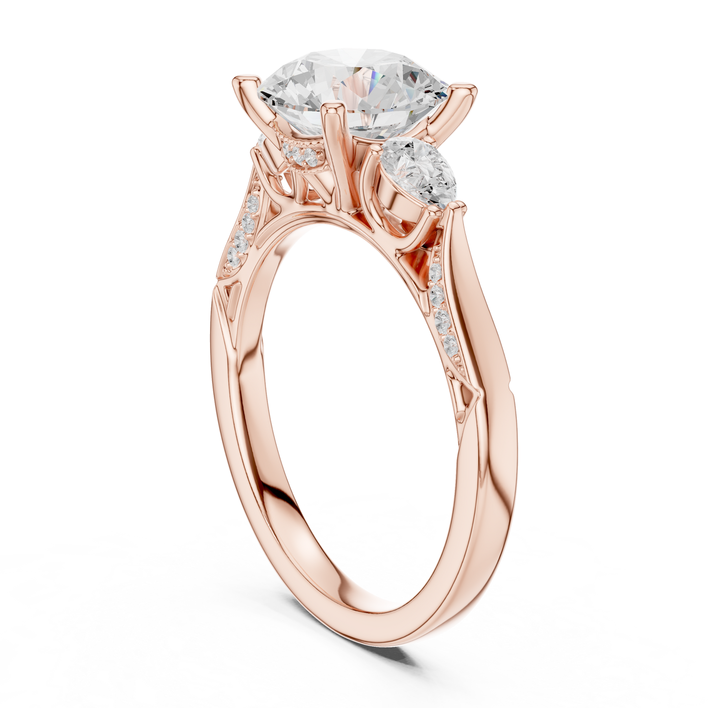 2.54ctw Round & Pear-Cut Three-Stone Diamond Ring | Yellow Gold Pavé Band