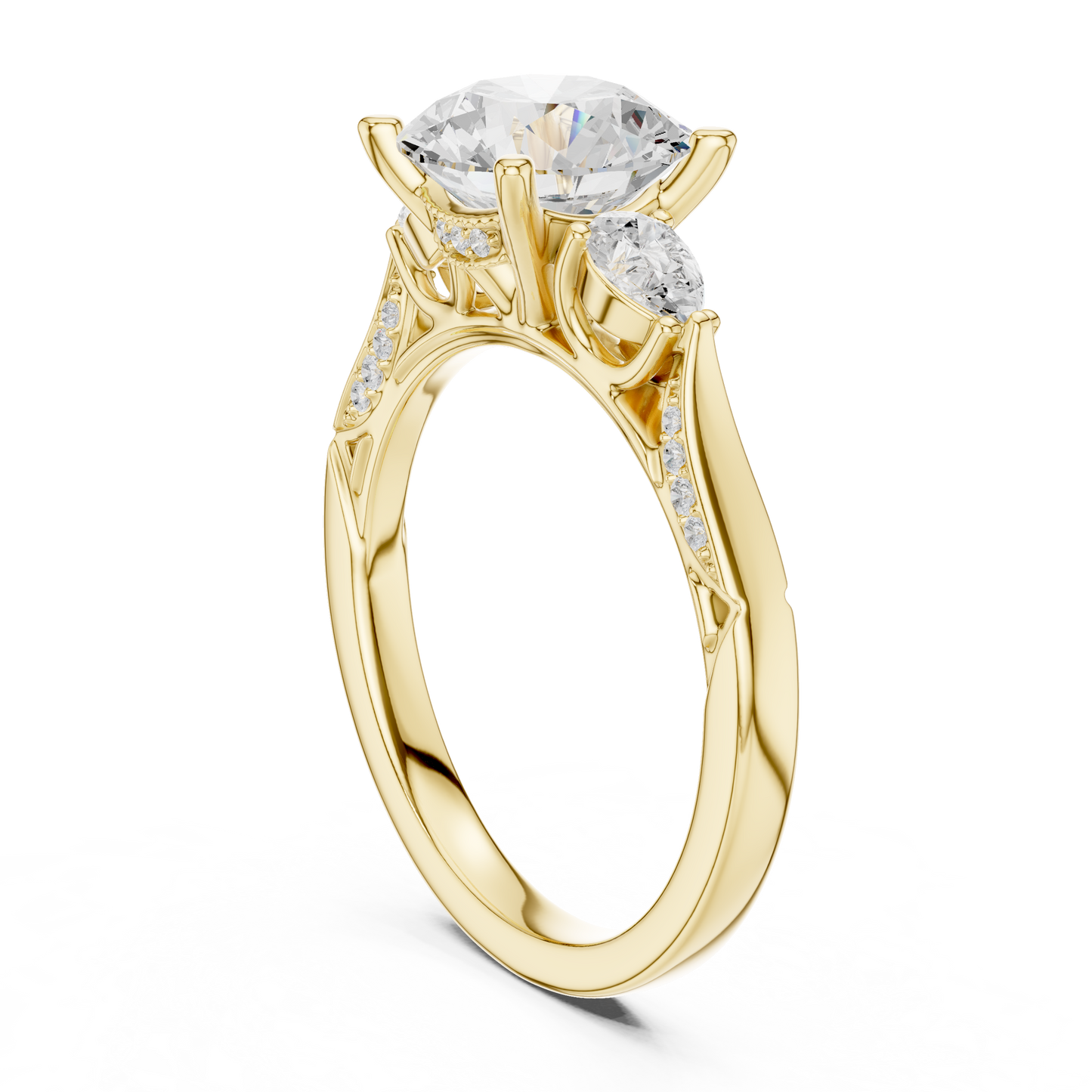 2.54ctw Round & Pear-Cut Three-Stone Diamond Ring | Yellow Gold Pavé Band