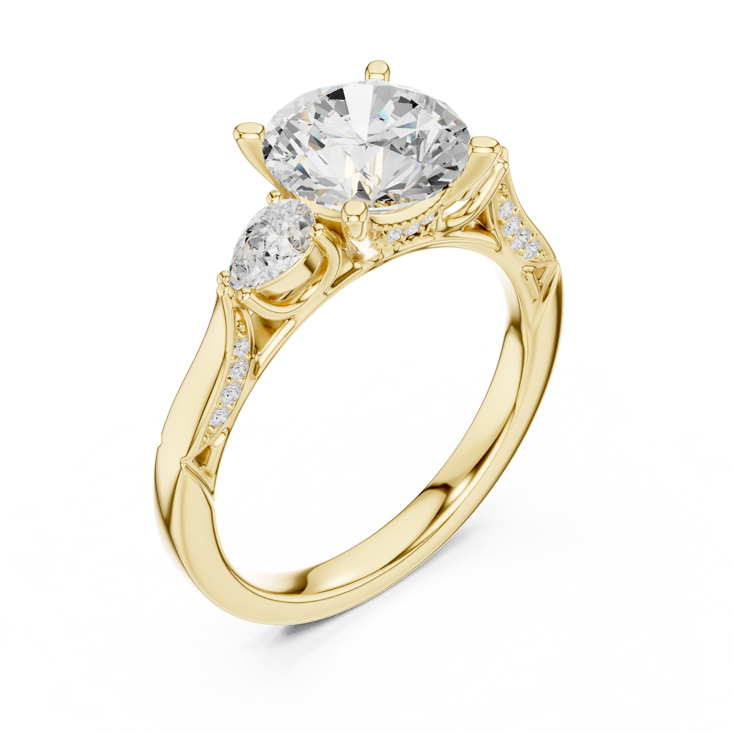 2.54ctw Round & Pear-Cut Three-Stone Diamond Ring | Yellow Gold Pavé Band
