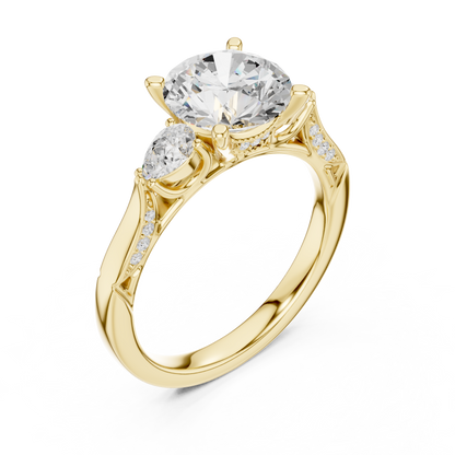 2.54ctw Round & Pear-Cut Three-Stone Diamond Ring | Yellow Gold Pavé Band