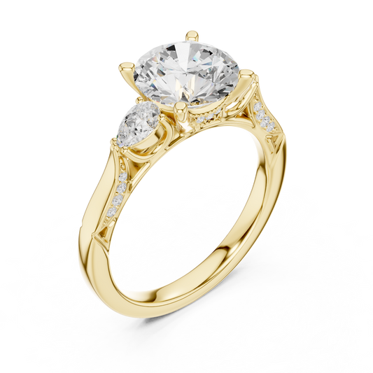 2.54ctw Round & Pear-Cut Three-Stone Diamond Ring | Yellow Gold Pavé Band