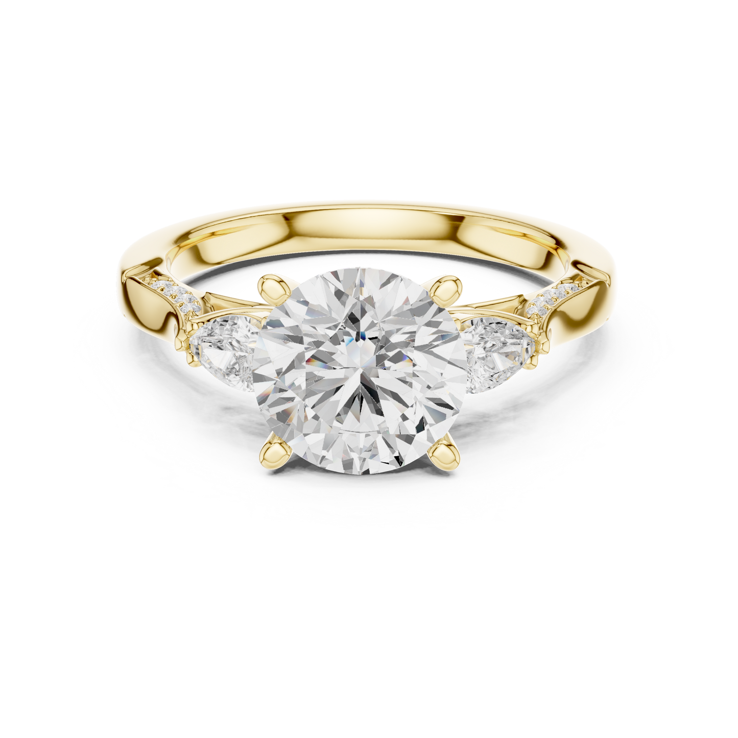 2.54ctw Round & Pear-Cut Three-Stone Diamond Ring | Yellow Gold Pavé Band