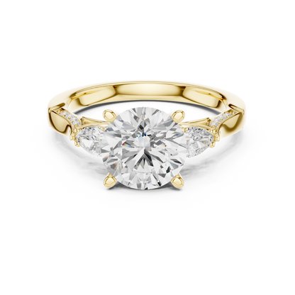 2.54ctw Round & Pear-Cut Three-Stone Diamond Ring | Yellow Gold Pavé Band