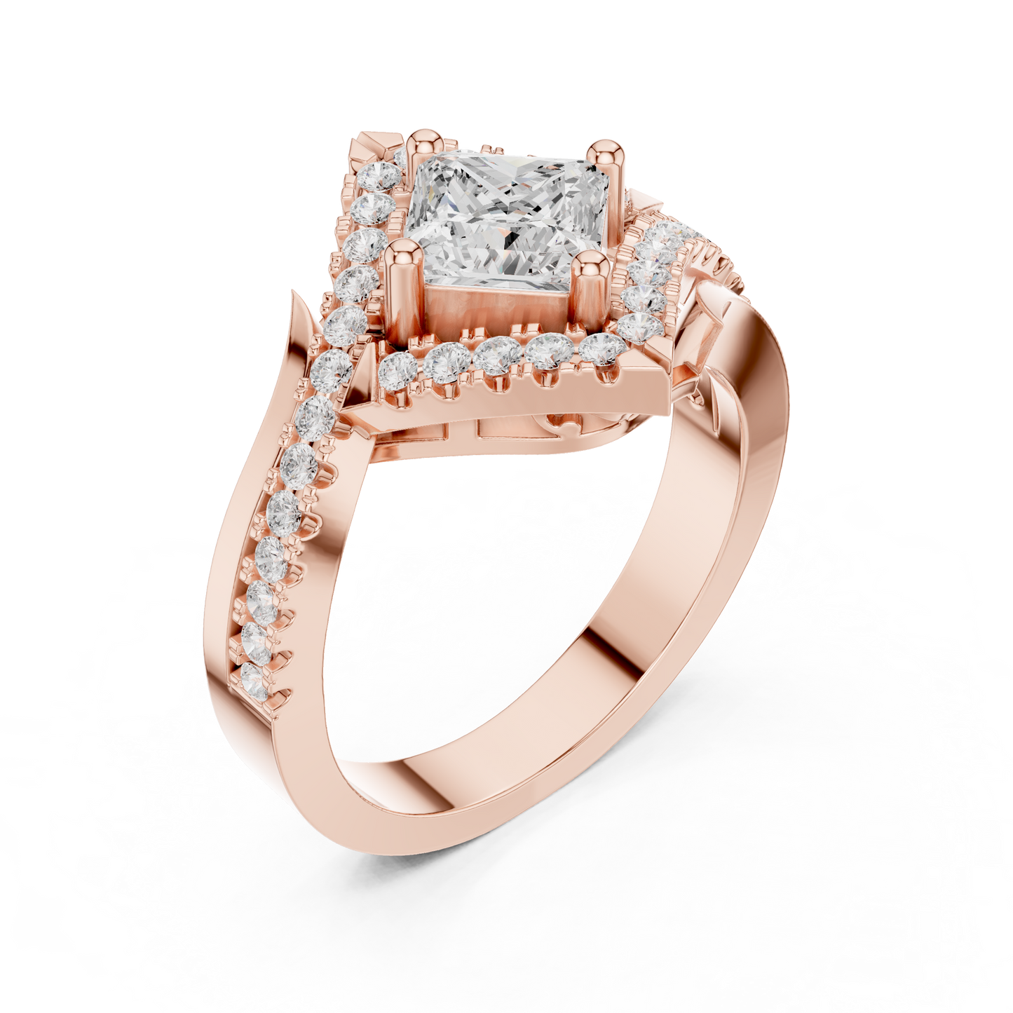 1.36ctw Princess Cut Diamond Kite Shape Halo Bypass Ring - Solid Gold