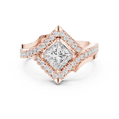 1.36ctw Princess Cut Diamond Kite Shape Halo Bypass Ring - Solid Gold