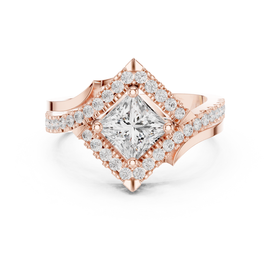 1.36 Carat Princess Cut Diamond Kite Shape Halo Bypass Ring - Solid Gold