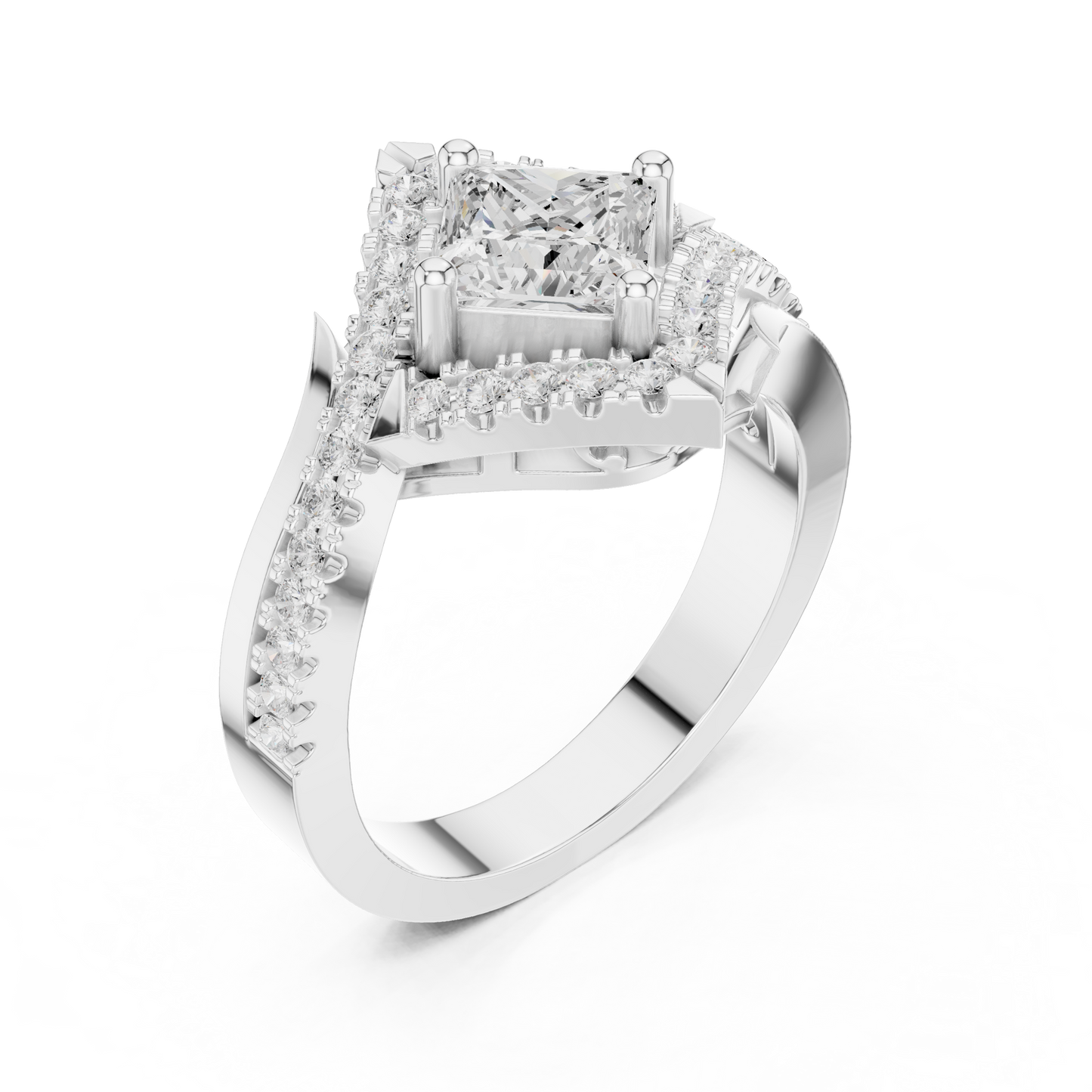 1.36ctw Princess Cut Diamond Kite Shape Halo Bypass Ring - Solid Gold