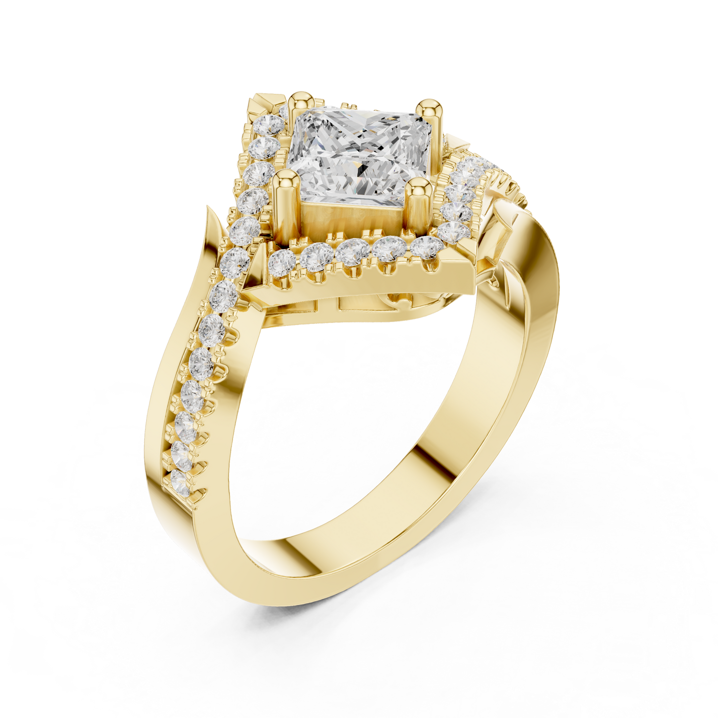 1.36ctw Princess Cut Diamond Kite Shape Halo Bypass Ring - Solid Gold
