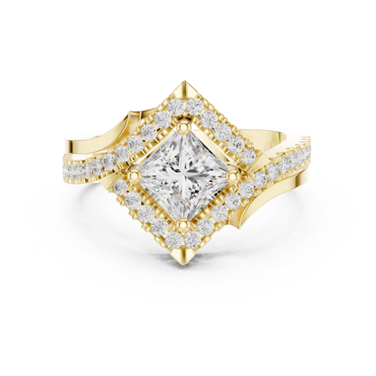 1.36ctw Princess Cut Diamond Kite Shape Halo Bypass Ring - Solid Gold