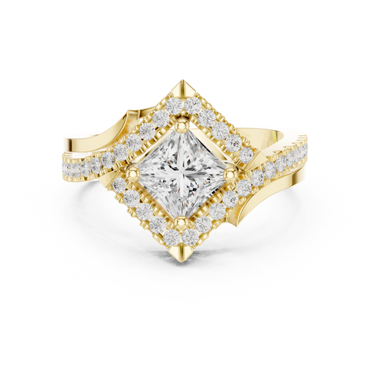 1.36 Carat Princess Cut Diamond Kite Shape Halo Bypass Ring - Solid Gold
