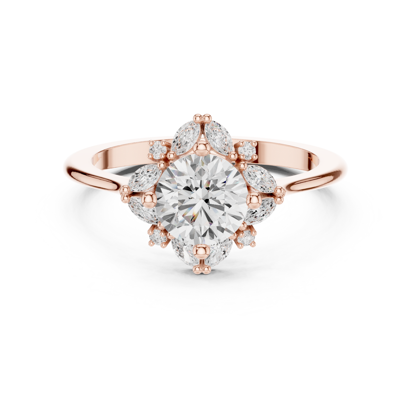 1.16ctw Round Diamond Marquise Cluster Starburst Halo Ring - Solid Gold