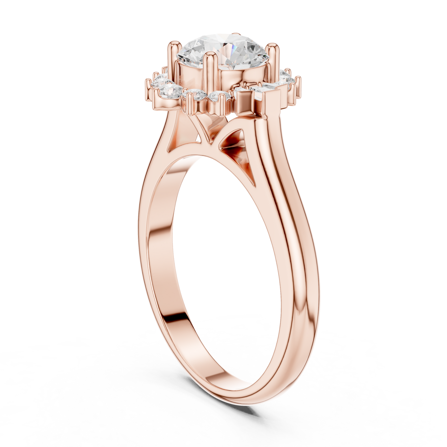 1.41ctw Round Diamond Baguette Ballerina Halo Ring - Solid Gold